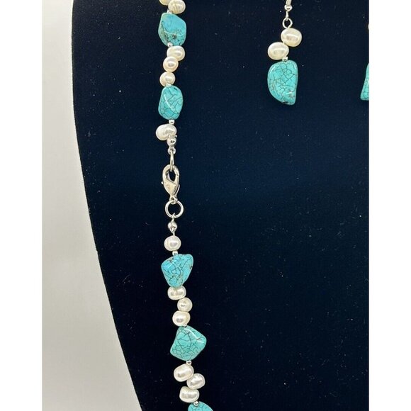 Fresh Water Pearl & Turquoise Colored Gemstone Necklace Bracelet Earring Set - Picture 6 of 6